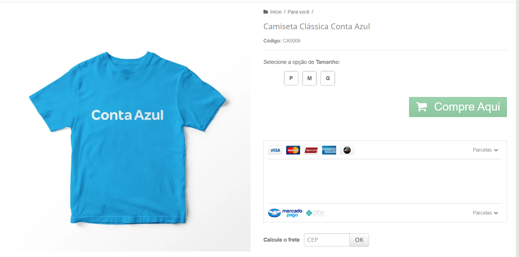 Tela de exemplo de site de venda de produto com destaque para variações de tamanho.