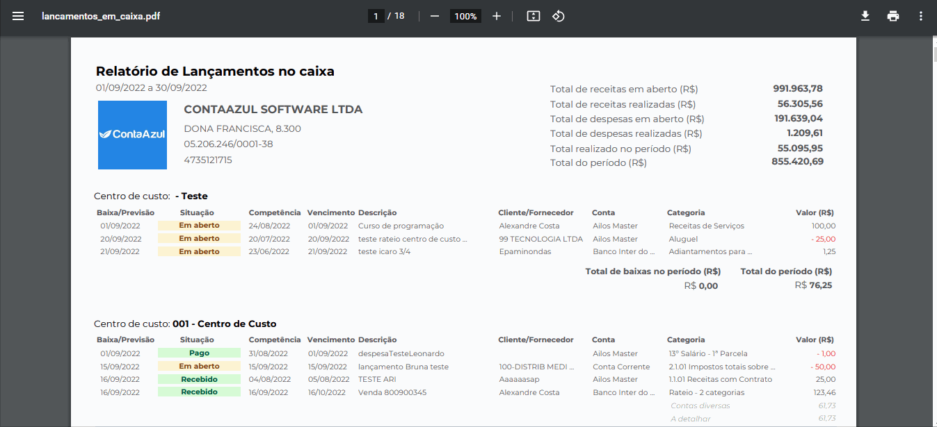 Passo a passo para visualizar relatório Lançamentos no caixa baixado em PDF.